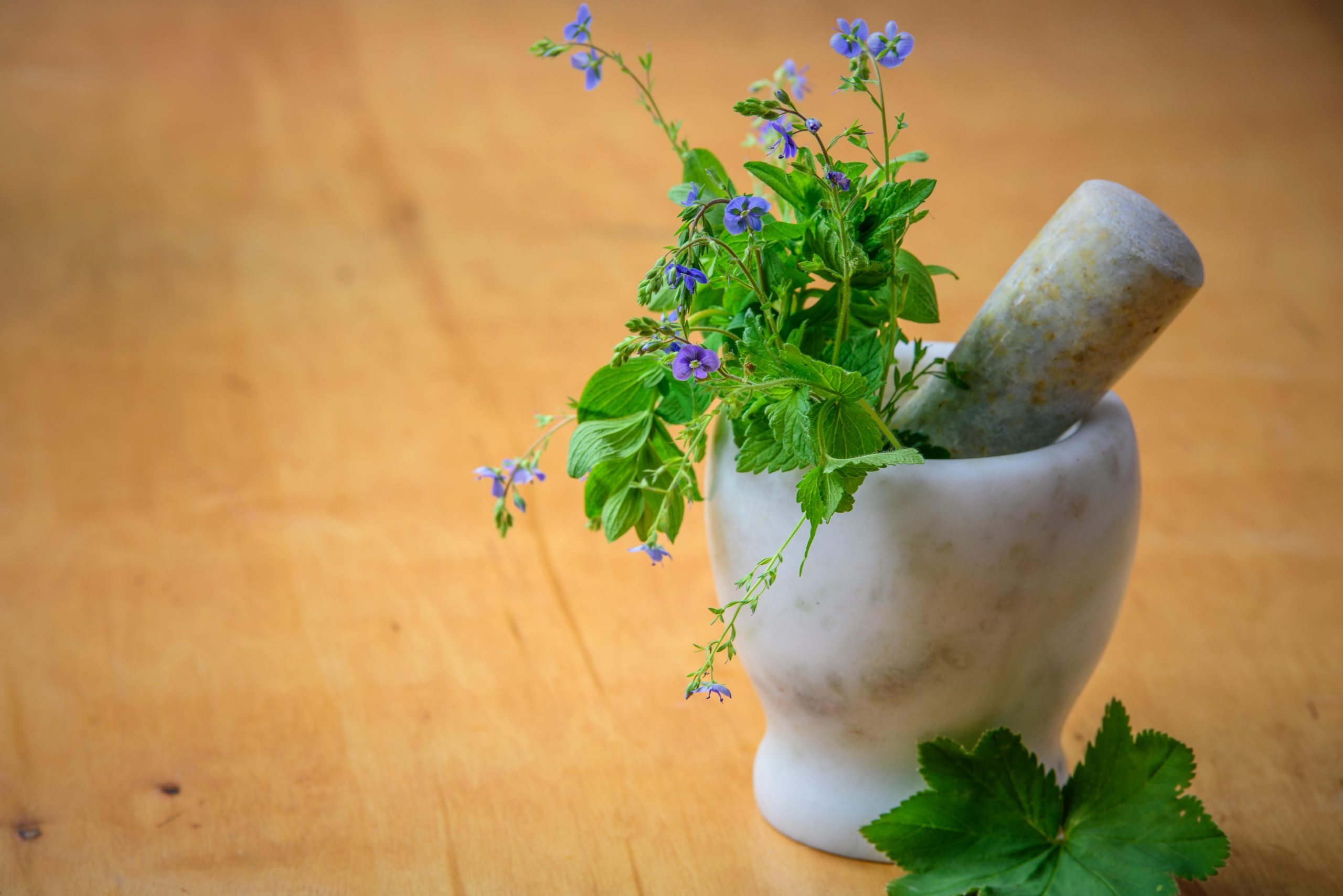 A mortar and pestle containing aromatic herbs