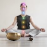 Young man practicing meditation indoors, 7 chakra's superimposed over the person.