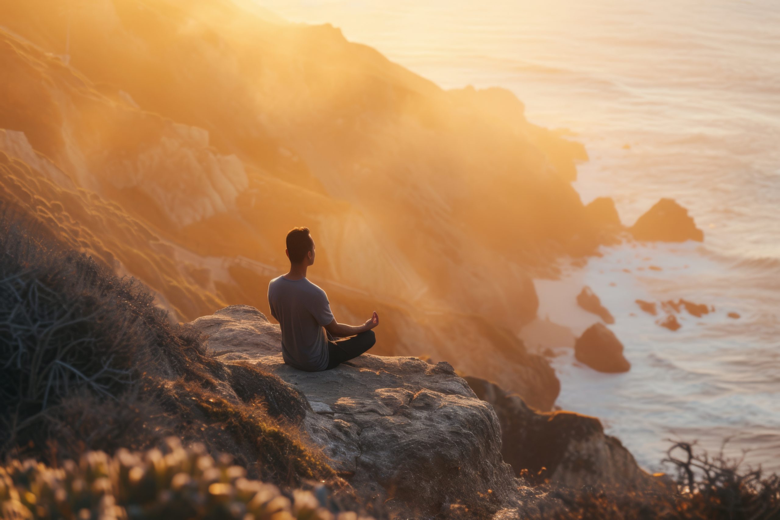Man meditating on a cliff overlooking the ocean
